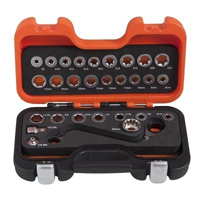 Padrunvõtmete komplekt Bahco 1/4" ja 1/2", S-tüüpi narrega, E8-E22, 8-17 mm, 29-osaline