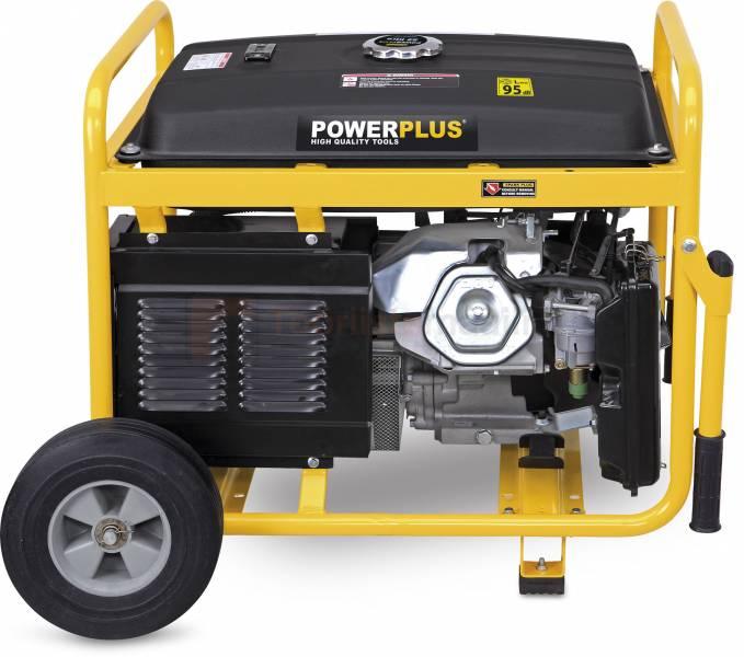 Pildil on kollase raamiga Powerplus POWX516 generaator, millel on must kütusepaak, mootor ja üks ratas.