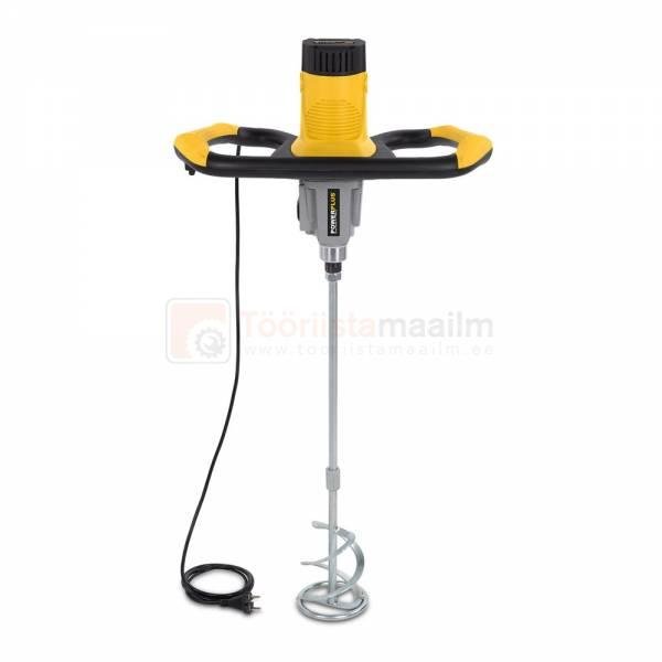 Pildil on segumikser Powerplus POWX083, millel on kollane ja must korpus, segamispea ja toitejuhe.