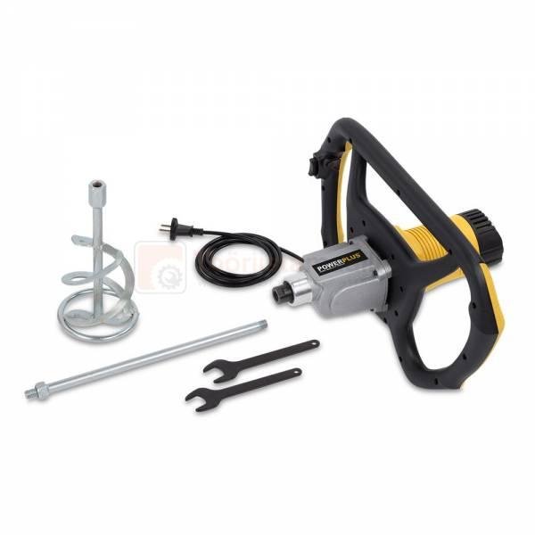 Pildil on Powerplus X segumikser POWX083 koos segamisotsiku, pikenduse, mutrivõtmete ja toitejuhtmega.