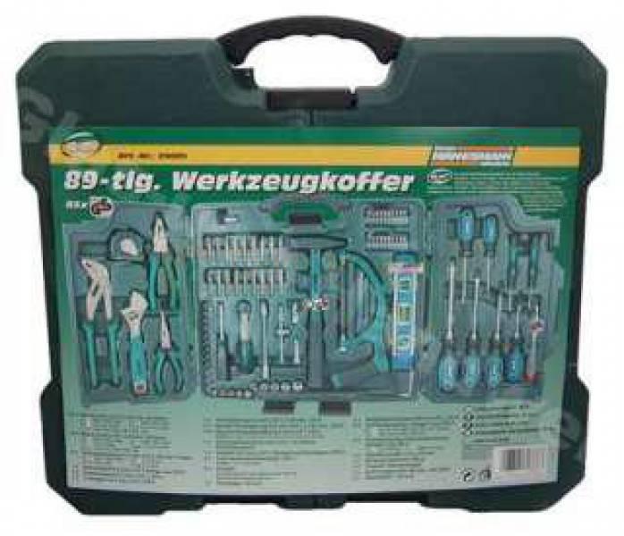 Pildil on Mannesmanni 89-osaline tööriistakomplekt, mis sisaldab erinevaid tööriistu, nagu tangid, kruvikeerajad ja...