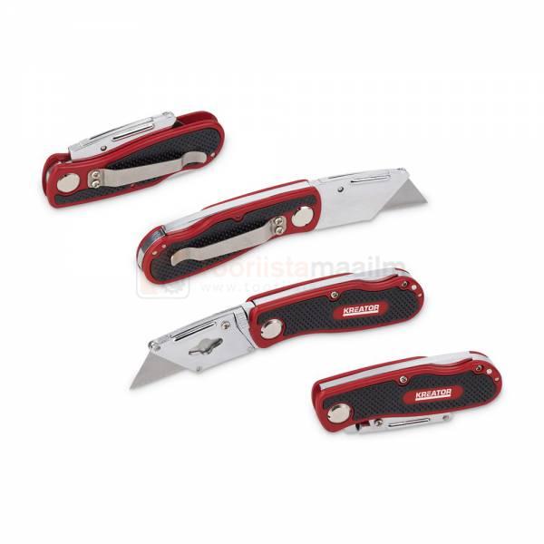 Pildil on neli erinevat Kreator kokkuklapitavat vaibanuga, mis on punase ja musta värviga.