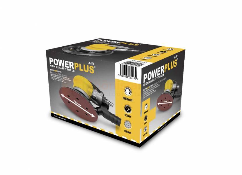 Pildil on Powerplus Air suruõhu ekstsentriklihvija POWAIR0013 pakend, millel on kujutatud tööriista ennast ja muid...