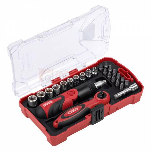 Pildil on avatud punases karbis Kreator 1/4" 26-osaline padrunite ja otsikute komplekt, mis sisaldab erinevaid...