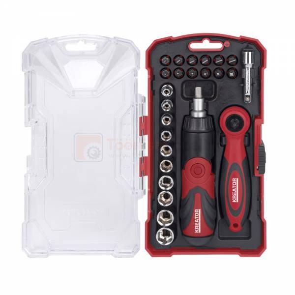 Pildil on avatud padrunite ja otsikute komplekt Kreator 1/4", 26-osaline, mis sisaldab erinevaid otsikuid, padrunvõtmeid...