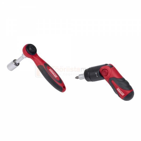 Pildil on Kreator padrunite ja otsikute komplekti kuuluv punase ja musta käepidemega põrkmehhanism ja kruvikeeraja.