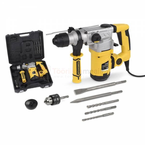 Pildil on Powerplus POWX1175 puurvasar koos tarvikutega, mis on pakitud kohvrisse.