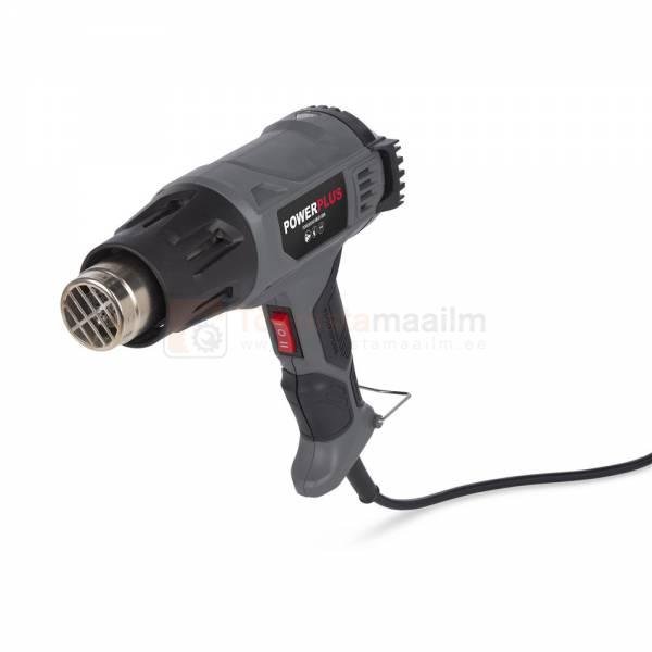 Pildil on Powerplus E kuumaõhupuhur POWE80040, millel on hall korpus, punane lüliti ja juhe.