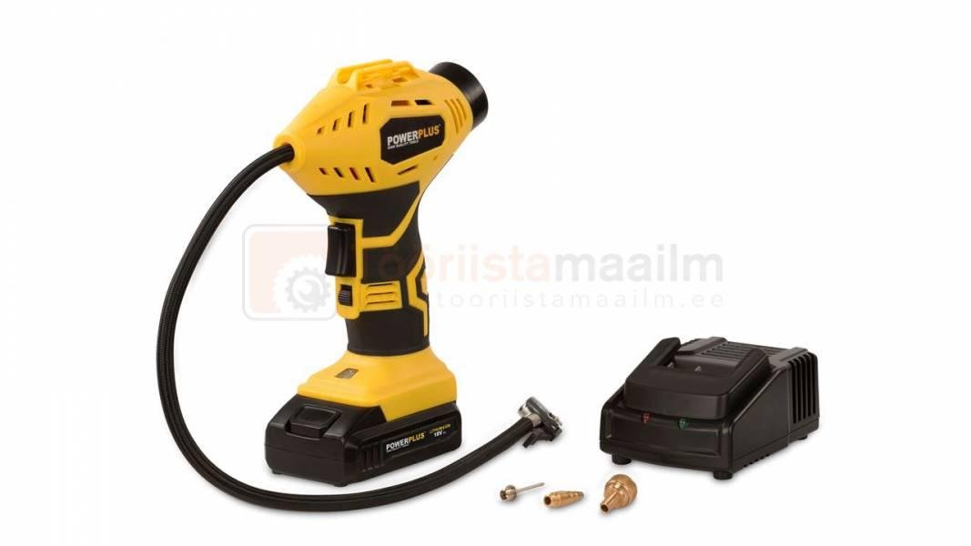 Pildil on Powerplus X POWX1700 kompressor koos akuga ja erinevate otsikutega.