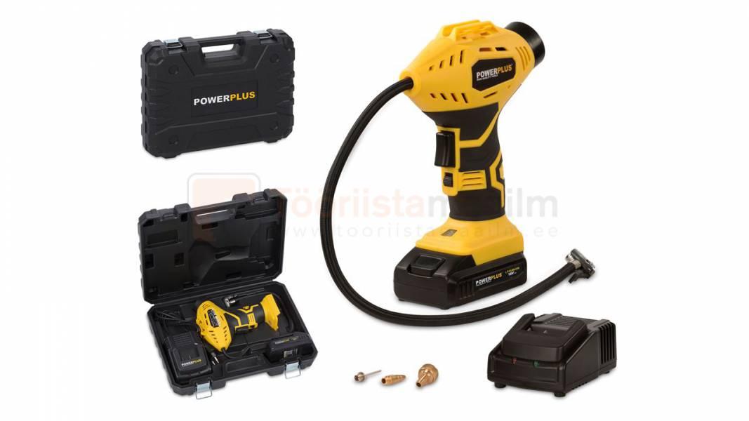 Pildil on Powerplus X POWX1700 kompressor koos tarvikute ja hoiukohvriga.