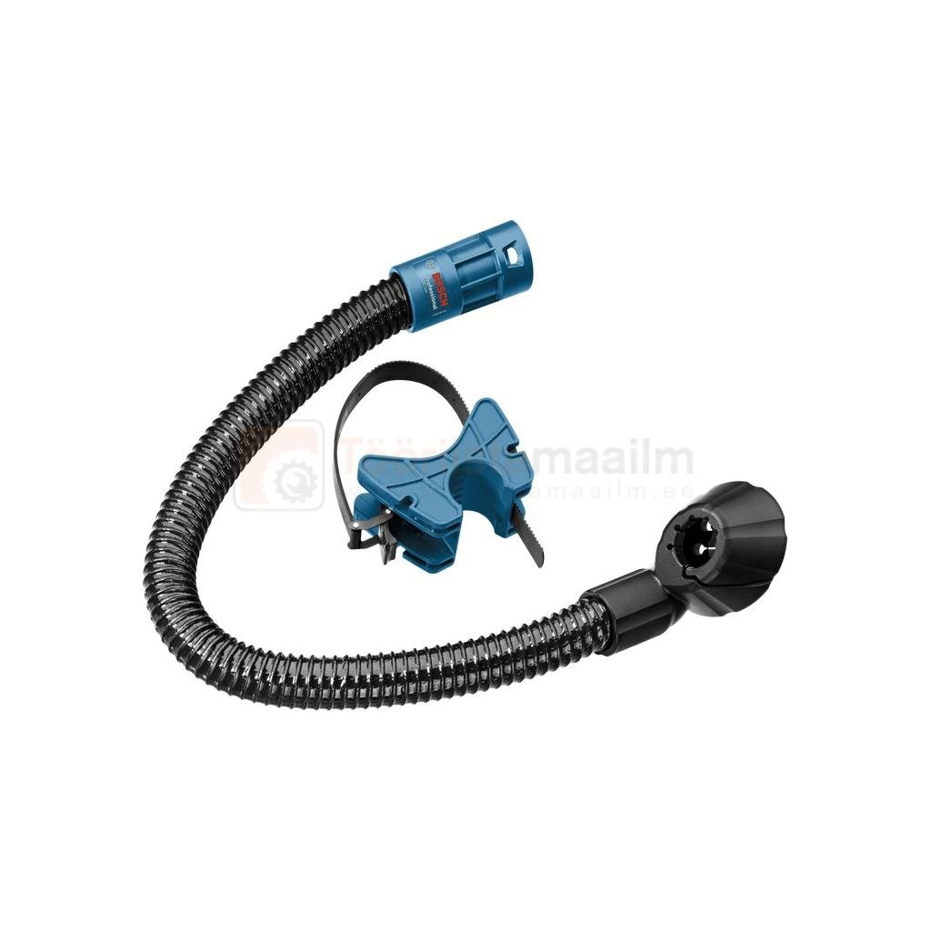 Pildil on Bosch GDE Hex tolmueemaldustarvikud, mis koosnevad painduvast voolikust, kinnitusklambrist ja otsakust.