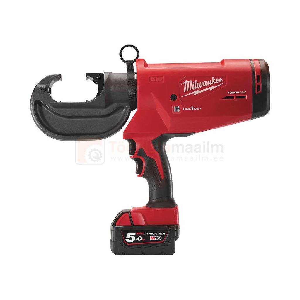 Pildil on punane Milwaukee M18 HCCT109/42-522C presstangid koos akuga, millel on must pea ja käepide.