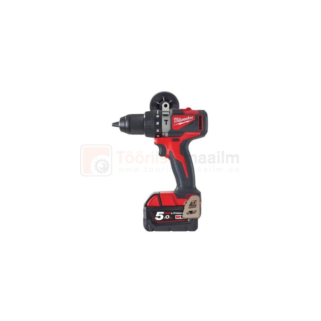 Pildil on Milwaukee M18 BLPD2-502X akulööktrell koos akuga, mis on punase ja musta värviga.