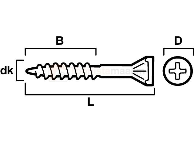 Pildil on Essve puitkarkassile mõeldud läikivaks tsingitud puitlaastplaadikruvi, millel on näha kruvi pea, keerme osa ja...