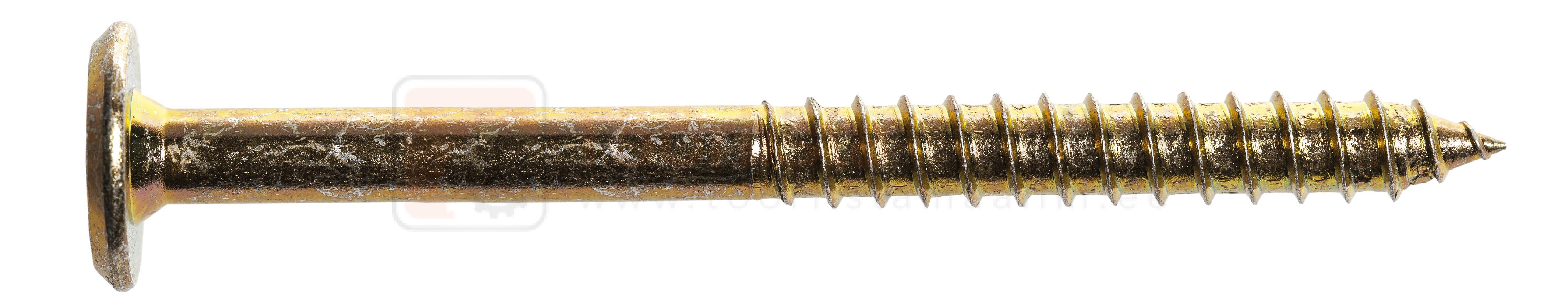 Pildil on kollane Zn-kattega HAMMERJACK mööblikruvi, mille läbimõõt on 6,3 mm.