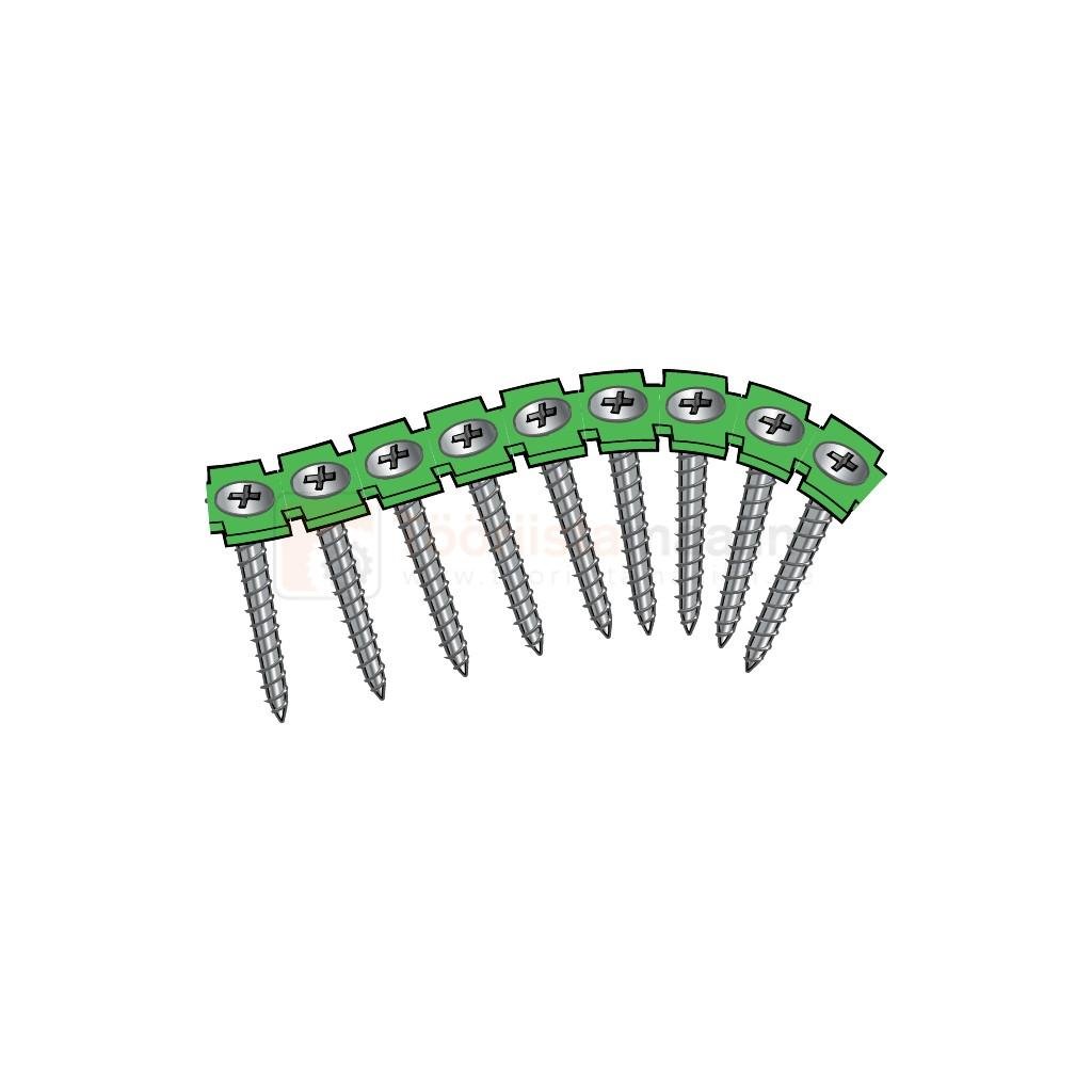 Pildil on näha rohelise lindiga ühendatud Essve kõvakipsikruvid, mis on mõeldud puit- ja teraskarkassile.