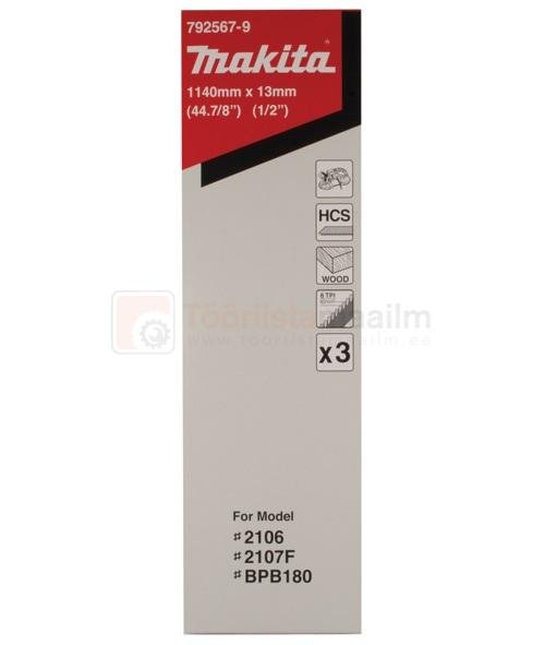 Pildil on Makita lintsaelindi pakend, mis sisaldab kolme 13x0,5x1140mm saelinti, mis on mõeldud puidu lõikamiseks.