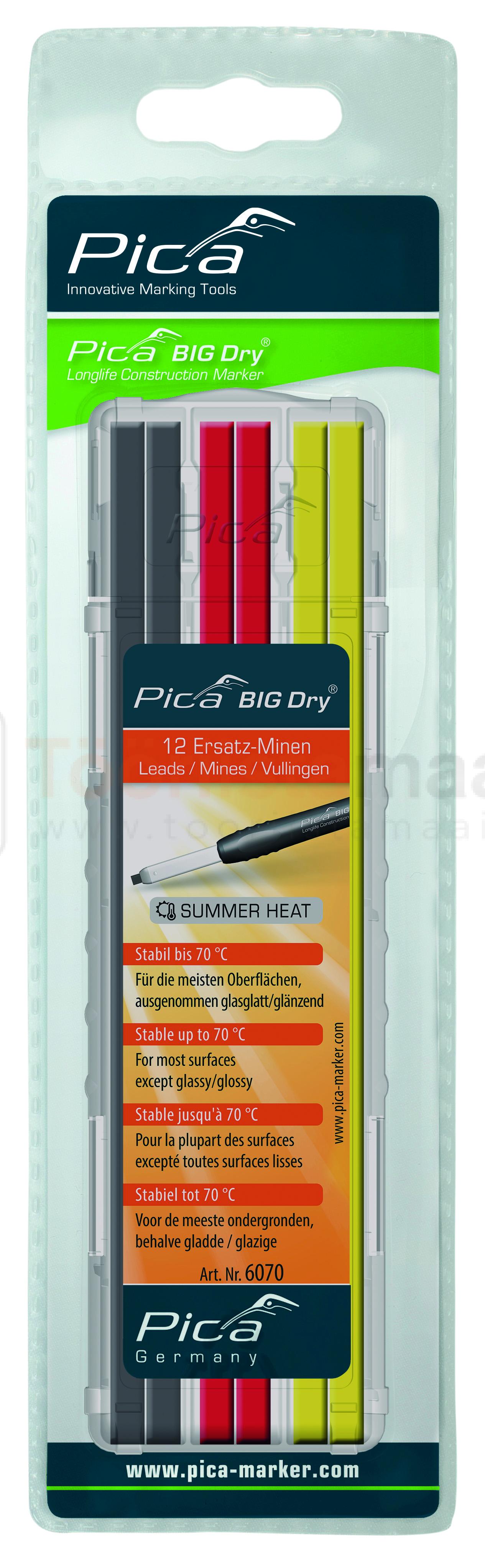 Pildil on Pica BIG Dry pliiatsisüdamike pakend, mis sisaldab erinevat värvi südamikke, mis on mõeldud kasutamiseks...