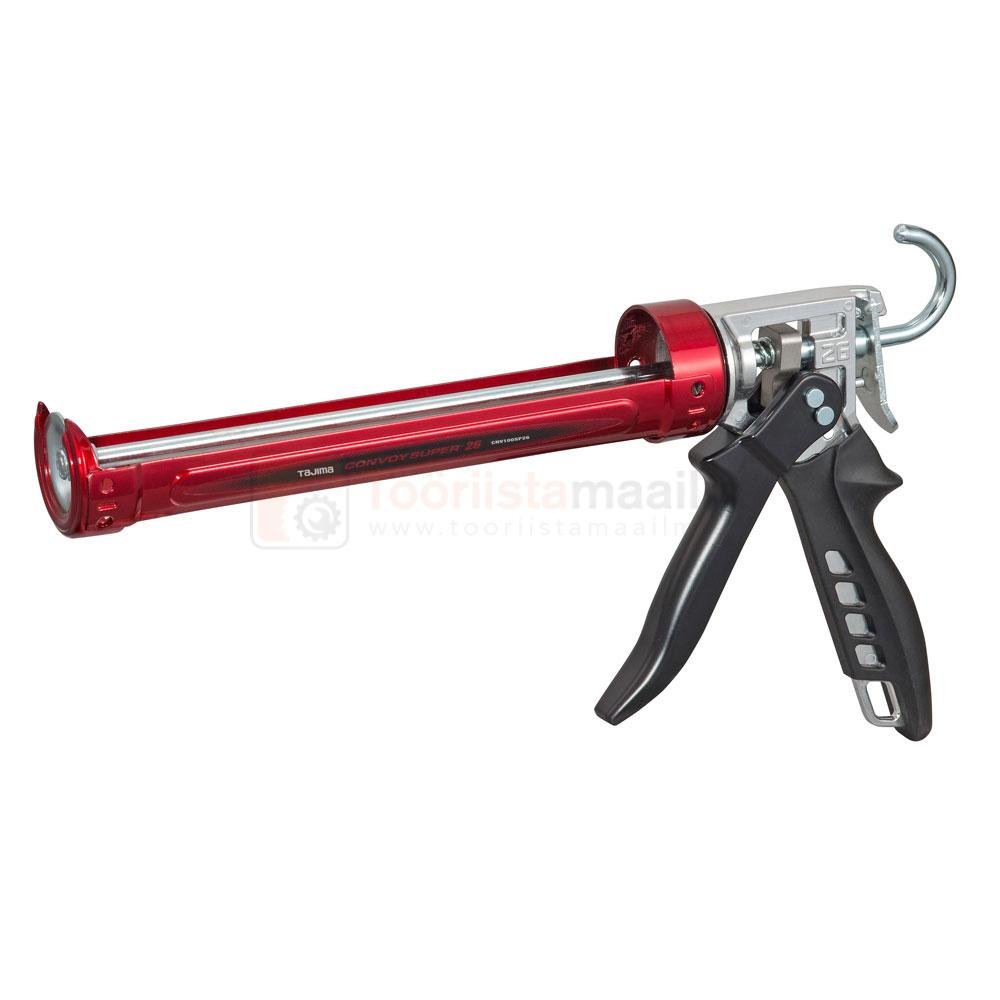 Pildil on punane Tajima Convoy Super 26 310 ml silikoonipüstol, millel on must käepide ja hõbedane ots.